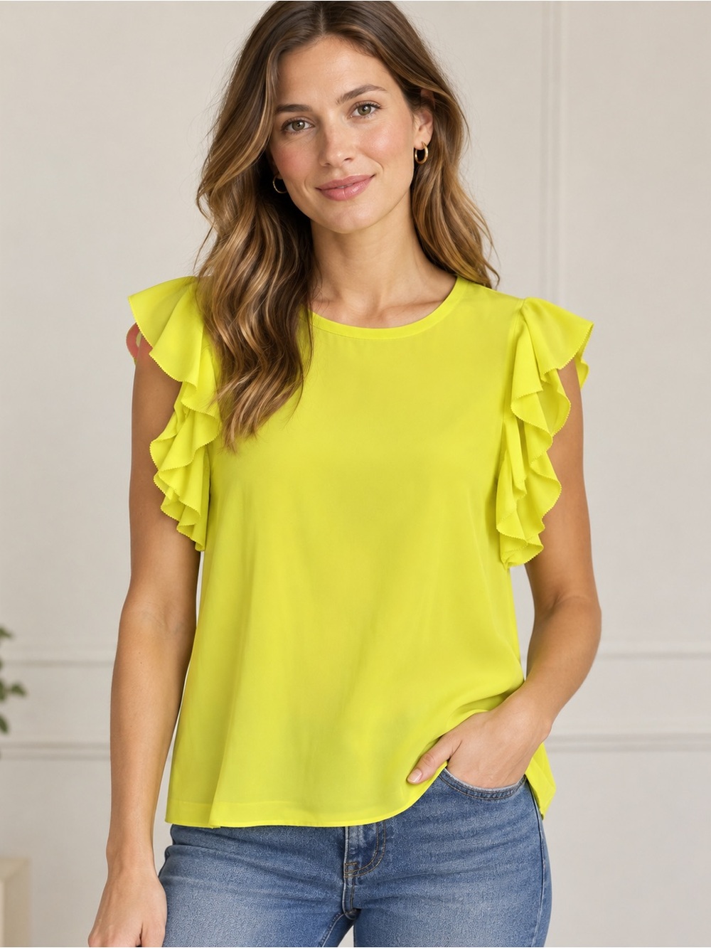 EUC Kate Spade New York Live Colorfully 100% Silk Ruffle Blouse Chartreuse - 4